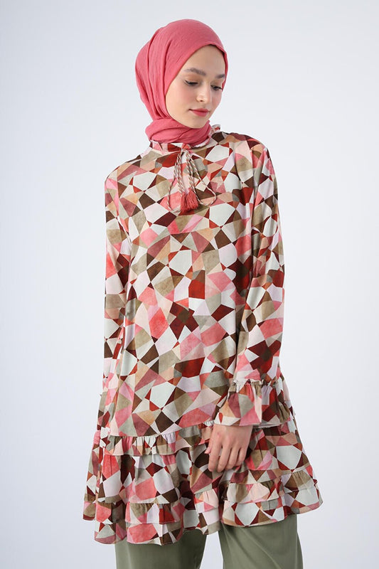 Ecru-Claret Red Patterned Viscose Tunic with Frilly Collar Sleeves and Zipper Closure on the Skirt