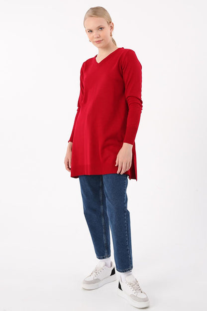 Red V-Neck Knitwear Tunic