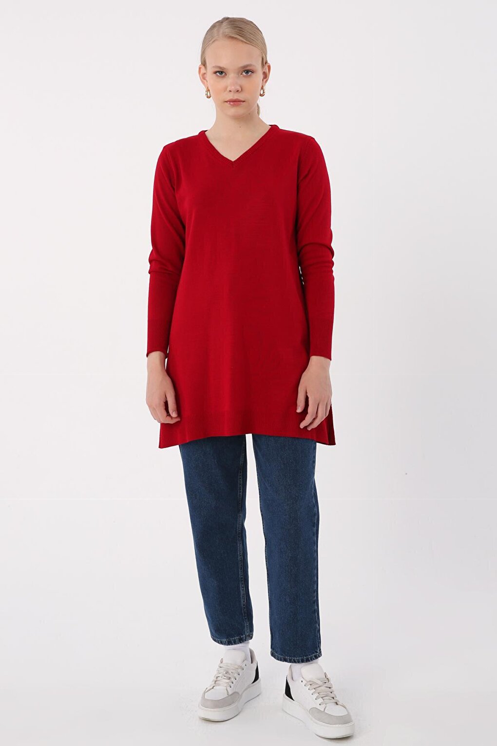 Red V-Neck Knitwear Tunic