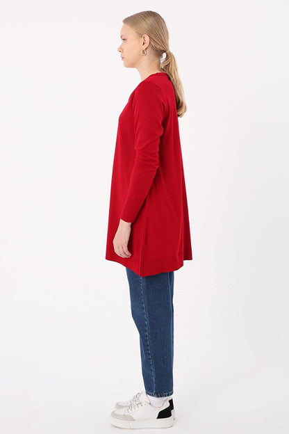 Red V-Neck Knitwear Tunic