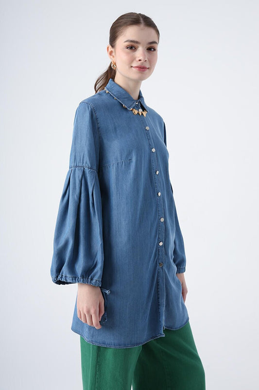 Medium Blue Sleeves Pleated Gather Detailed Denim Shirt Tunic