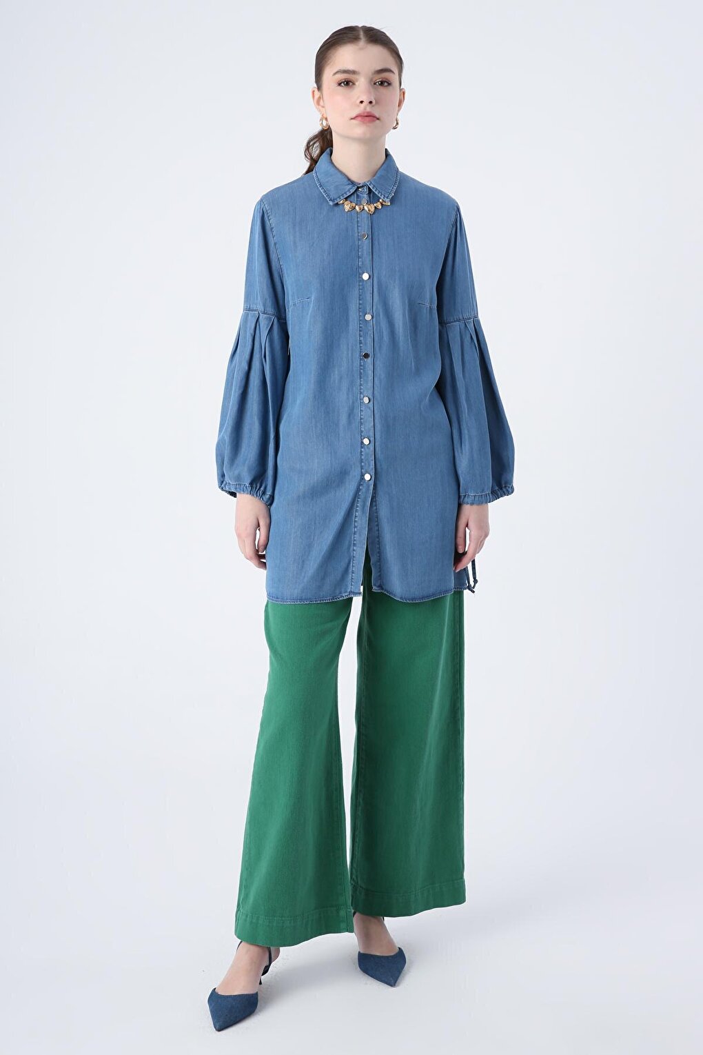 Medium Blue Sleeves Pleated Gather Detailed Denim Shirt Tunic