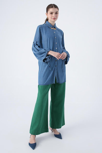 Medium Blue Sleeves Pleated Gather Detailed Denim Shirt Tunic