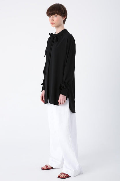 Black Shirt Tunic with Scarf on Collar and Tie Sleeve Detail