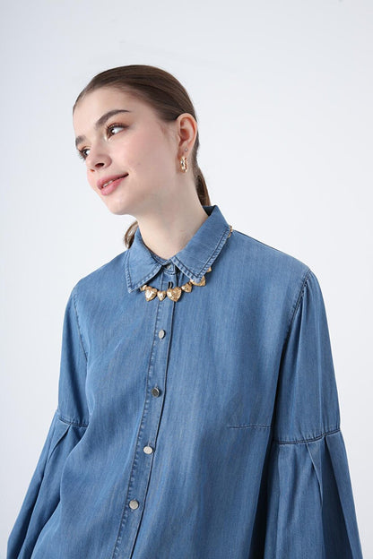 Medium Blue Sleeves Pleated Gather Detailed Denim Shirt Tunic