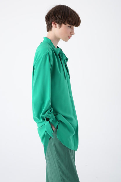 Green Collar Shirt Tunic with Scarf and Tie Sleeve Detail