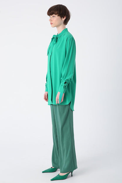 Green Collar Shirt Tunic with Scarf and Tie Sleeve Detail