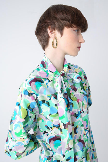 Ecru-Green 100% Cotton Scarf Collar Printed Patterned Shirt Tunic