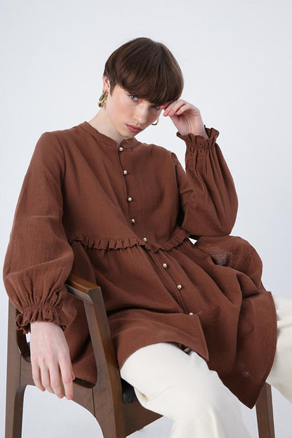 Brown 100% Cotton Judge Collar Sleeves Gathered Ruffle Detailed Shirt Tunic