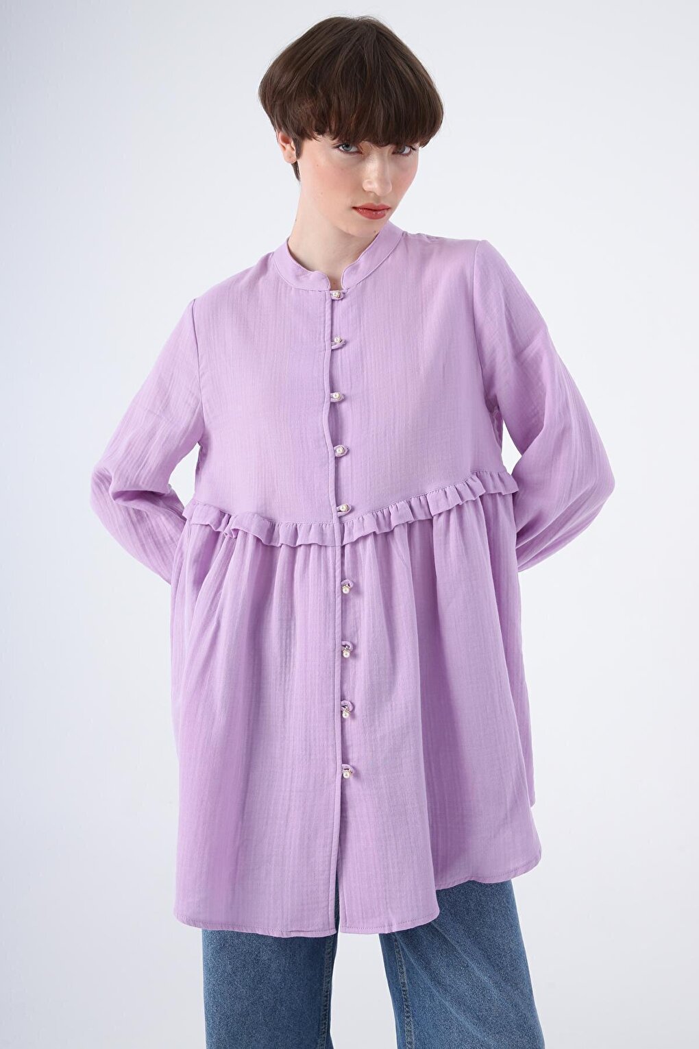 Dark Lilac 100% Cotton Judge Collar Sleeves Gathered Ruffle Detailed Shirt Tunic