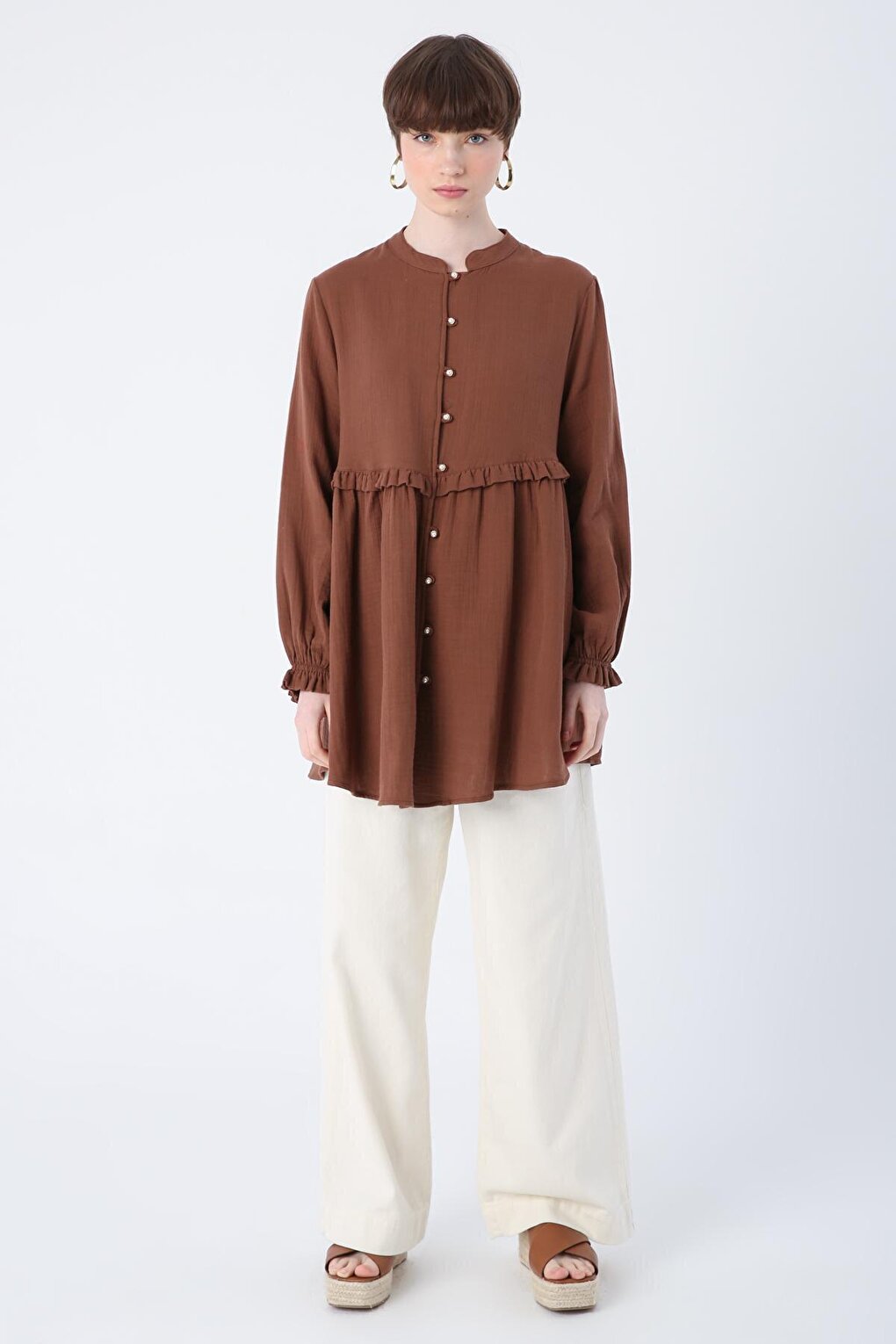 Brown 100% Cotton Judge Collar Sleeves Gathered Ruffle Detailed Shirt Tunic