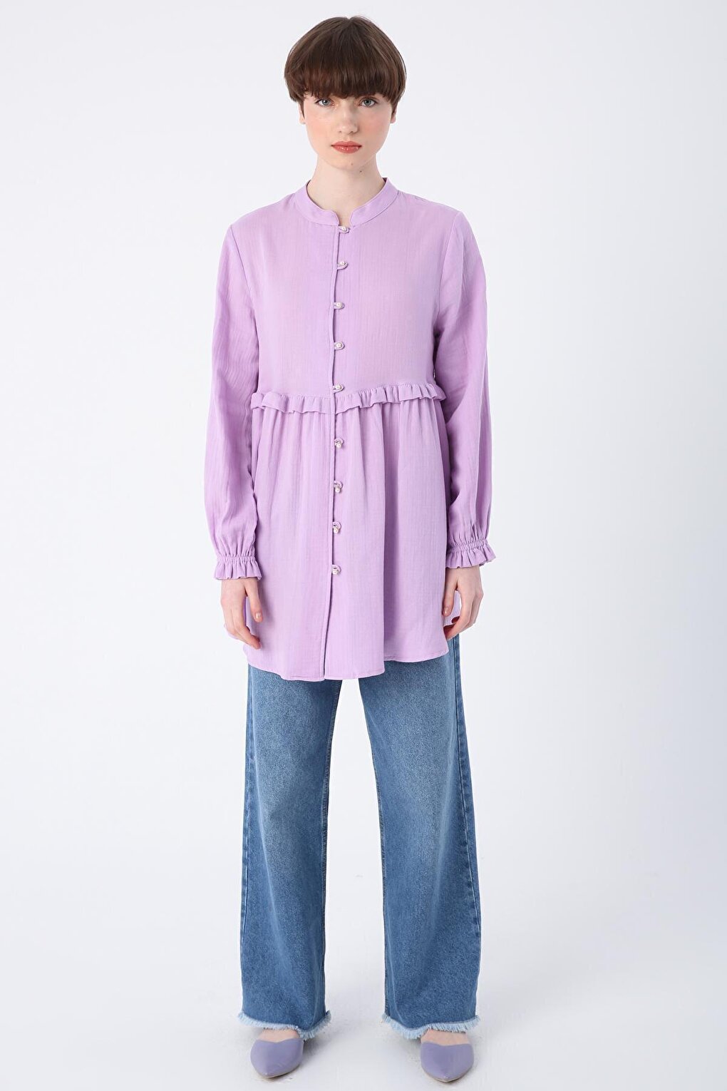 Dark Lilac 100% Cotton Judge Collar Sleeves Gathered Ruffle Detailed Shirt Tunic