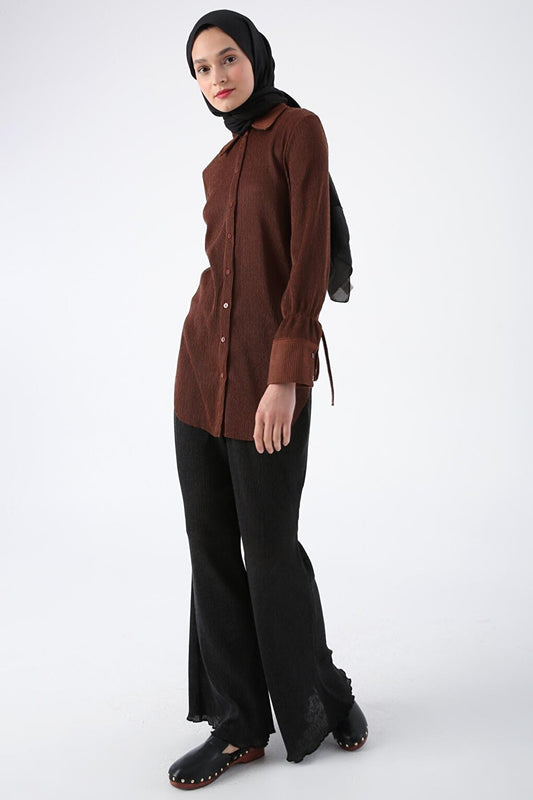 Brown Pleated Sleeves Shirt Tunic with Lace Detail