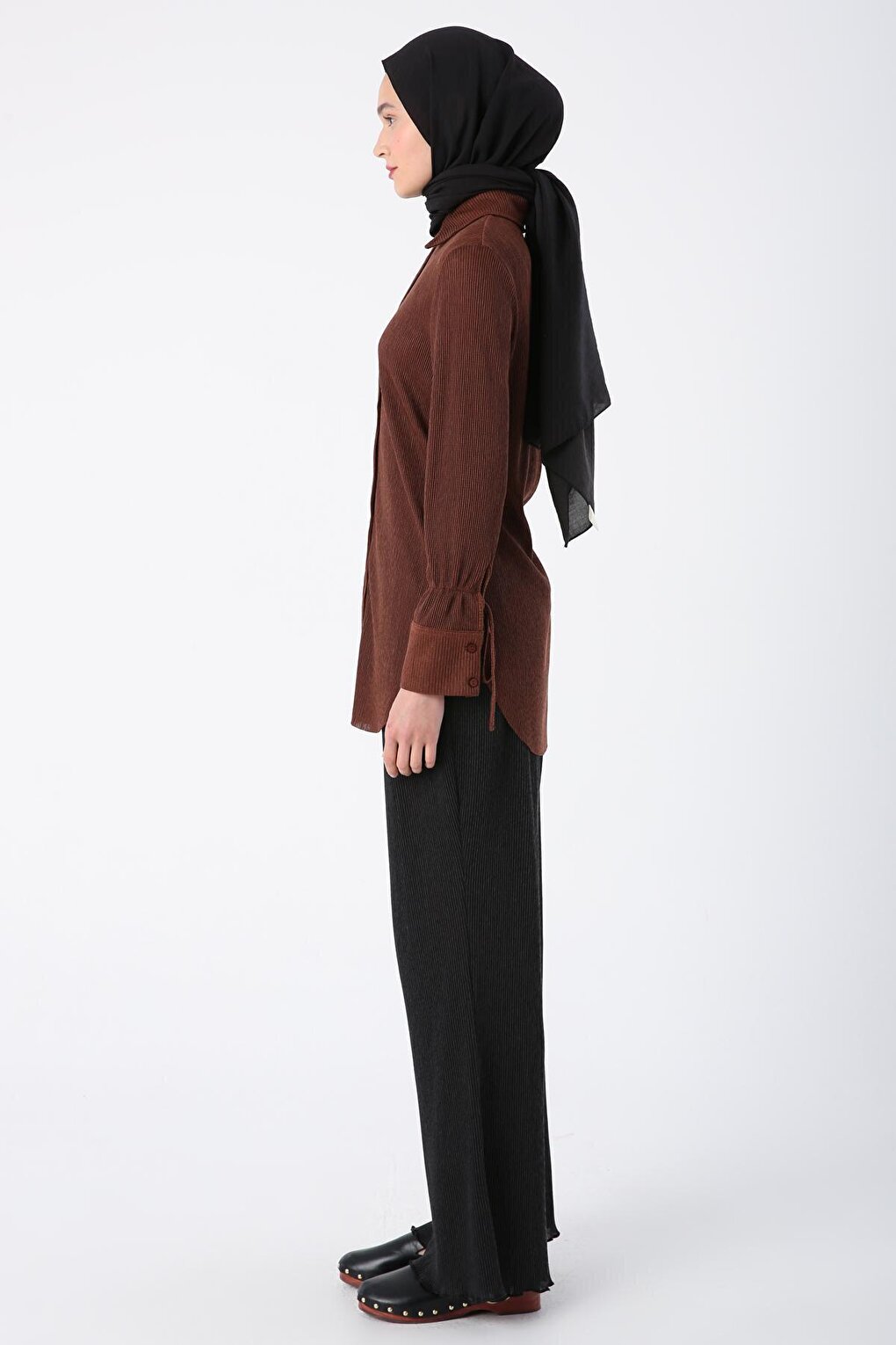 Brown Pleated Sleeves Shirt Tunic with Lace Detail