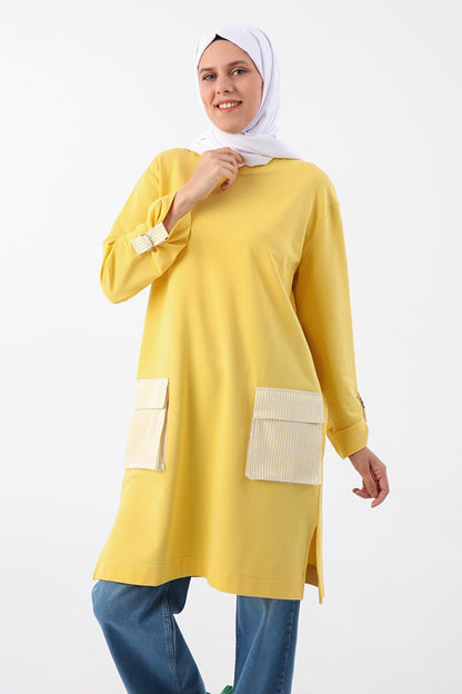 Yellow Sleeves Epaulette Striped Pocket Tunic