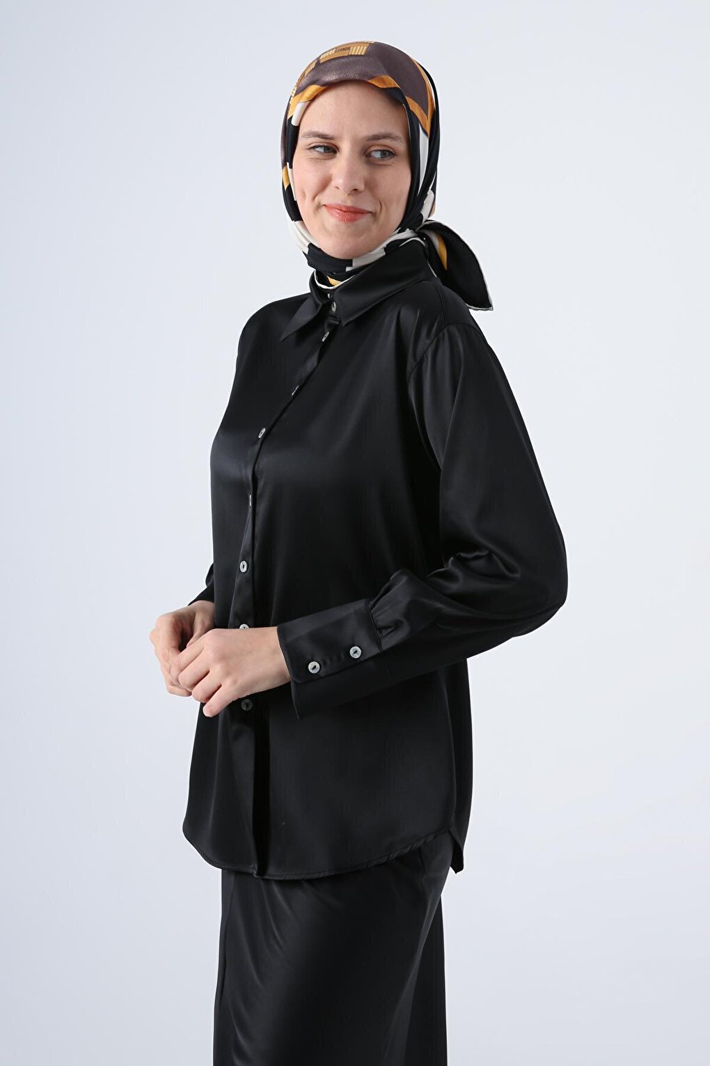 Black Long Sleeve Satin Shirt