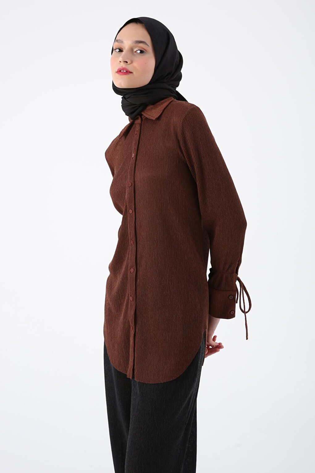 Brown Pleated Sleeves Shirt Tunic with Lace Detail