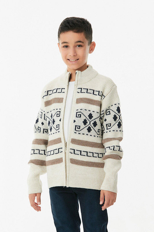 Patterned High Collar Boy's Cardigan