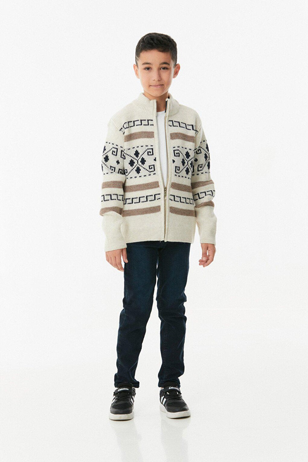 Patterned High Collar Boy's Cardigan