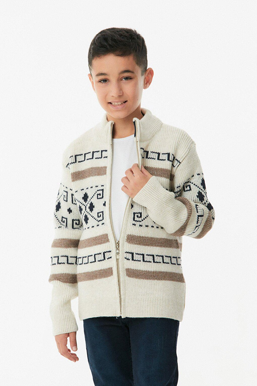 Patterned High Collar Boy's Cardigan