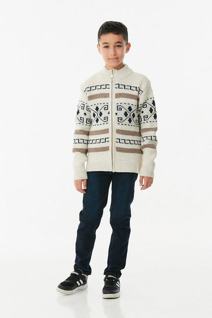 Patterned High Collar Boy's Cardigan