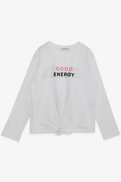 Girl's Long Sleeve T-Shirt, Stony Text Printed, Tied on the Front, Ecru (Ages 9-14)