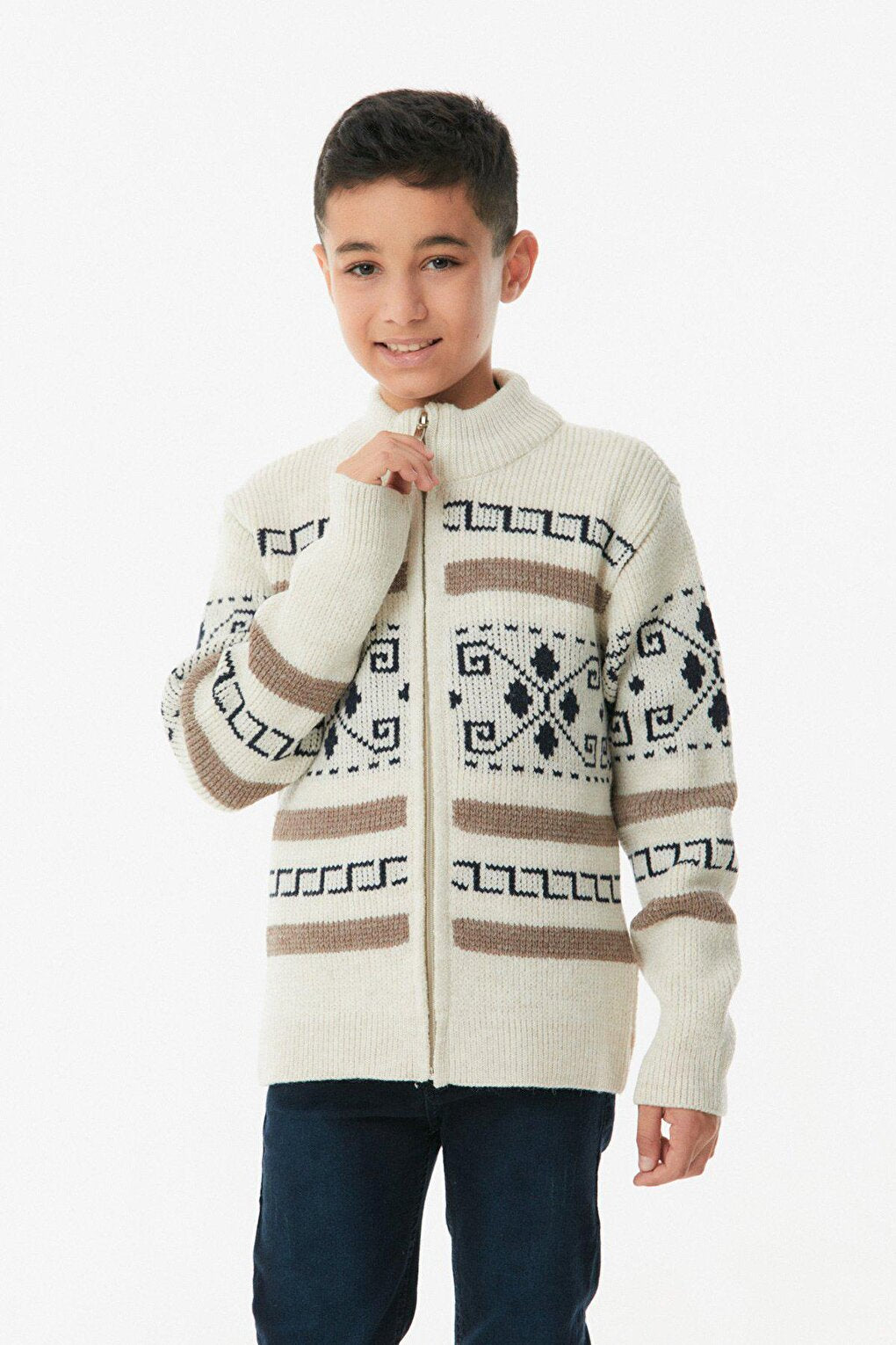 Patterned High Collar Boy's Cardigan