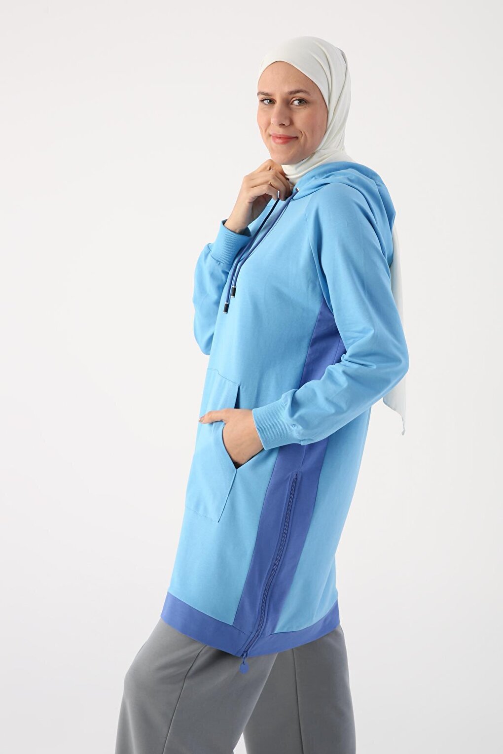 Blue Kangaroo Pocket Zipper Slit Sweat Tunic