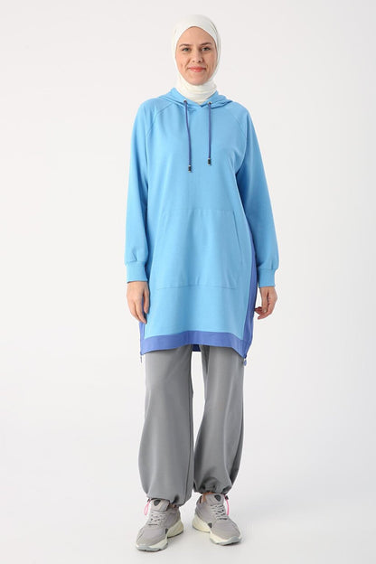 Blue Kangaroo Pocket Zipper Slit Sweat Tunic