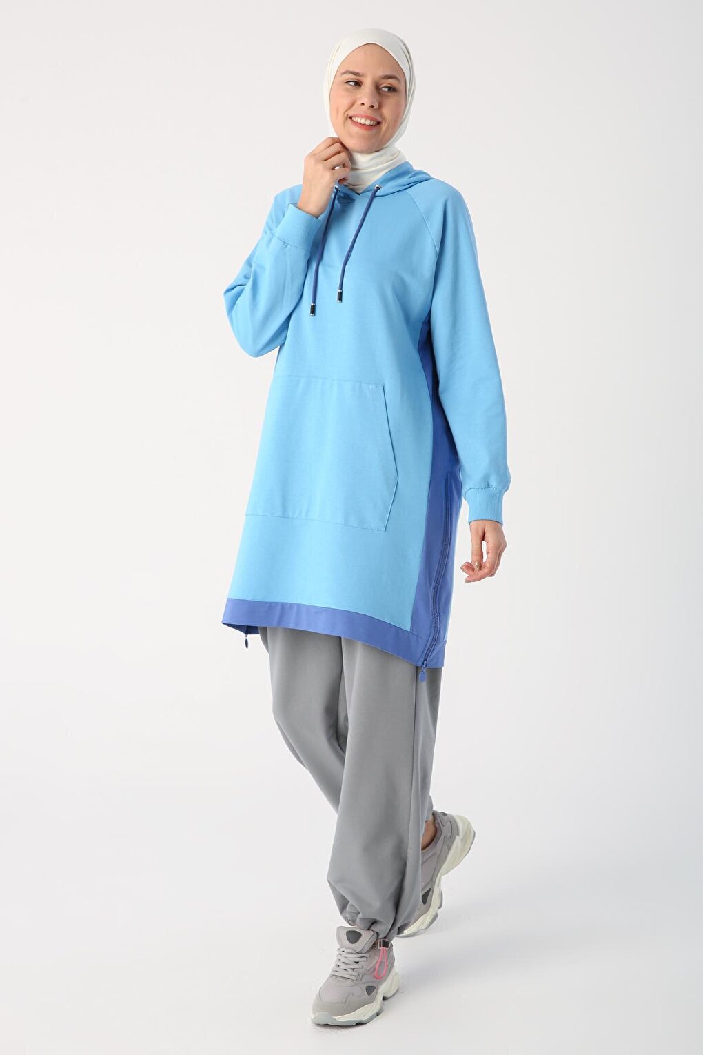 Blue Kangaroo Pocket Zipper Slit Sweat Tunic