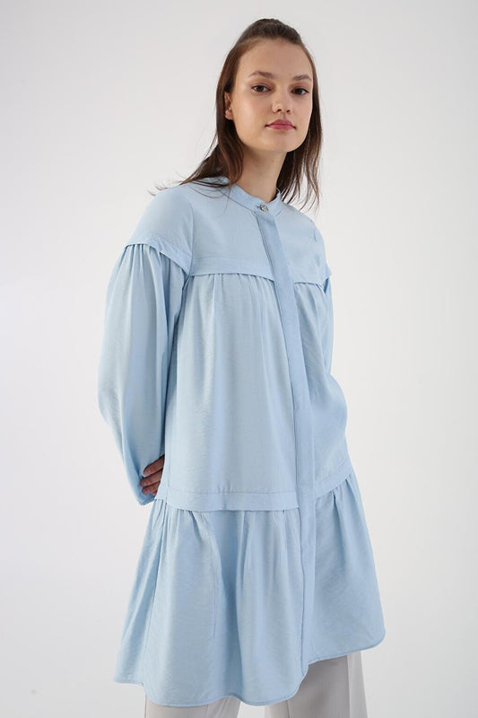 Light Blue Shirt Tunic with Gathered Skirt and Hem