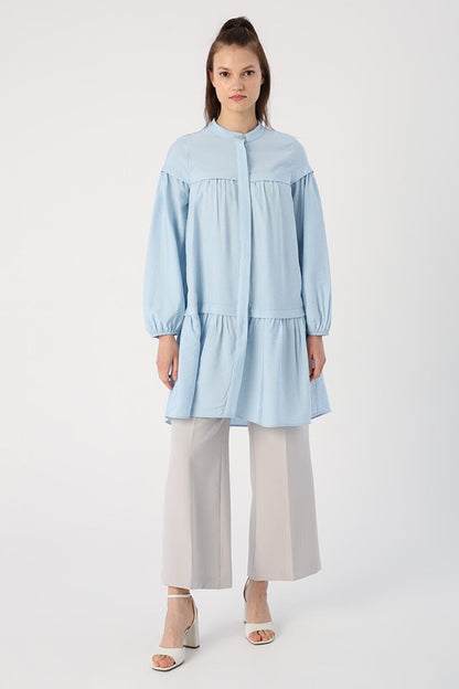 Light Blue Shirt Tunic with Gathered Skirt and Hem