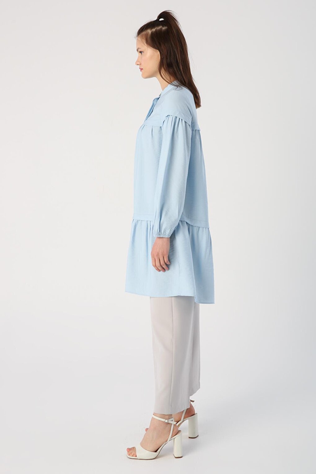 Light Blue Shirt Tunic with Gathered Skirt and Hem