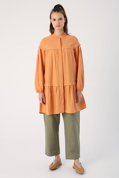 Salmon Skirt and Gathered Viscose Shirt Tunic