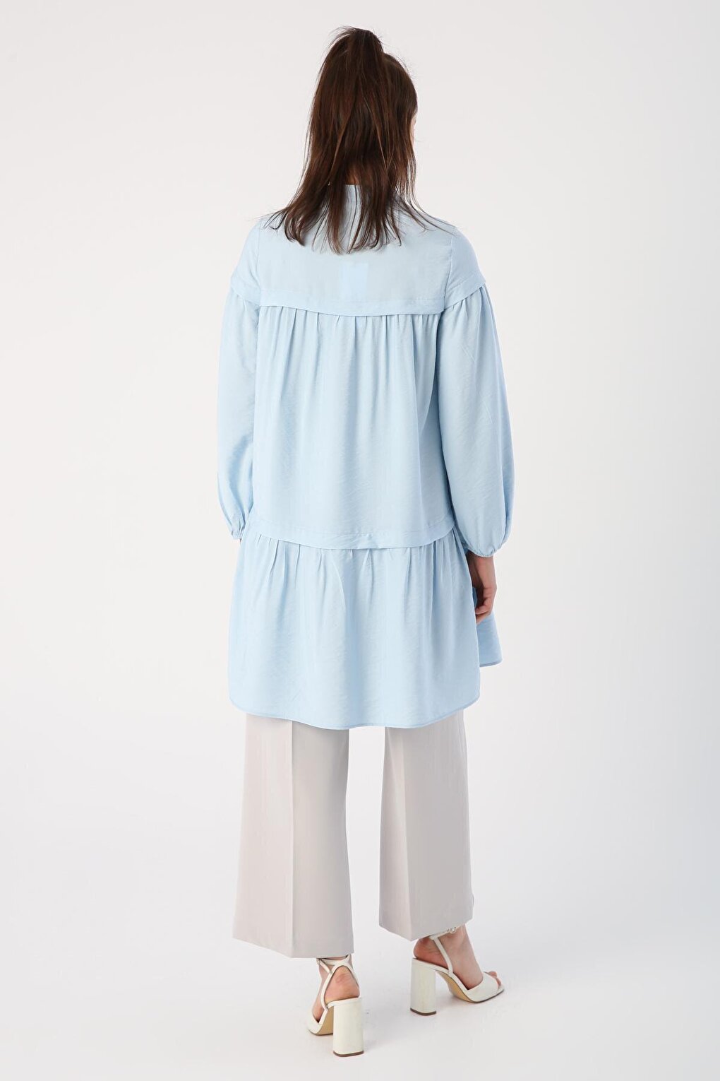 Light Blue Shirt Tunic with Gathered Skirt and Hem