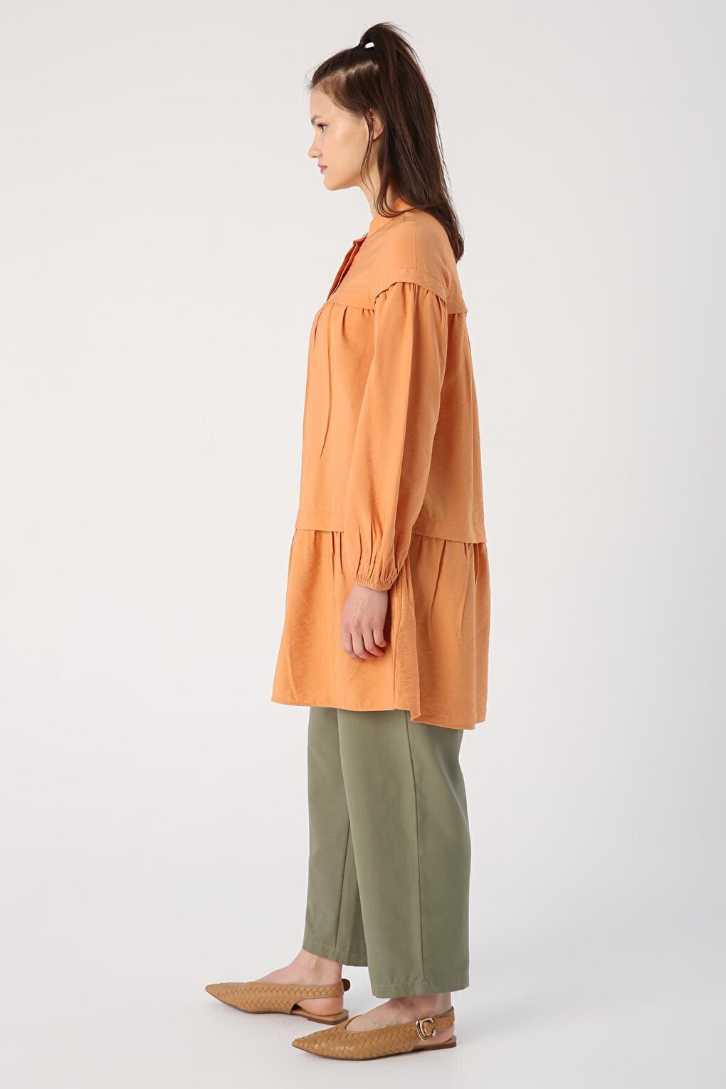 Salmon Skirt and Gathered Viscose Shirt Tunic