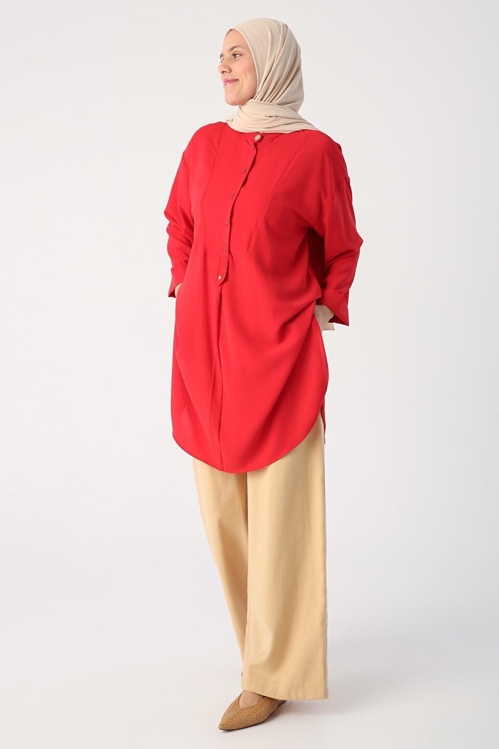 Red Judge Collar Slit Sleeve Folding Detailed Tunic