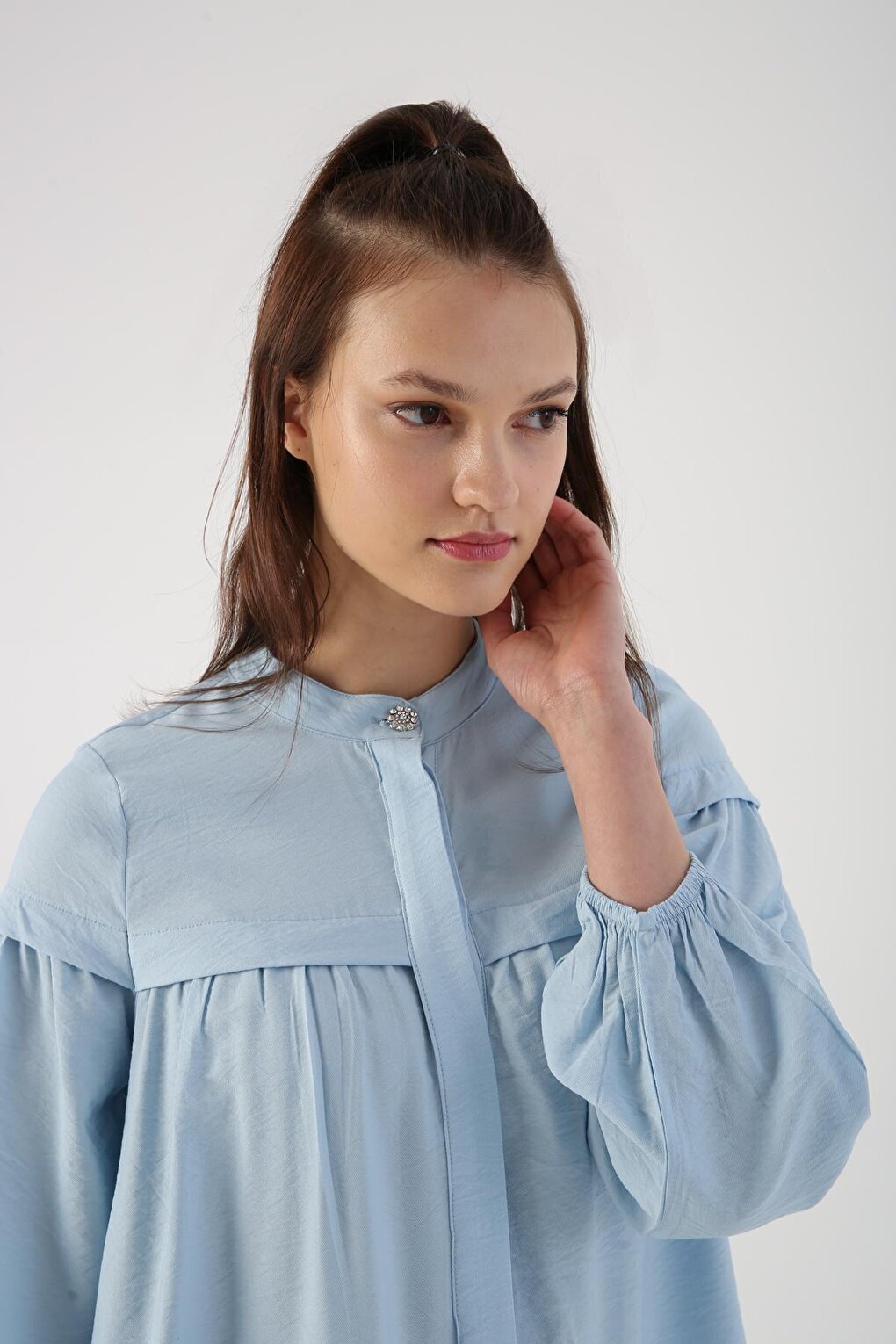 Light Blue Shirt Tunic with Gathered Skirt and Hem