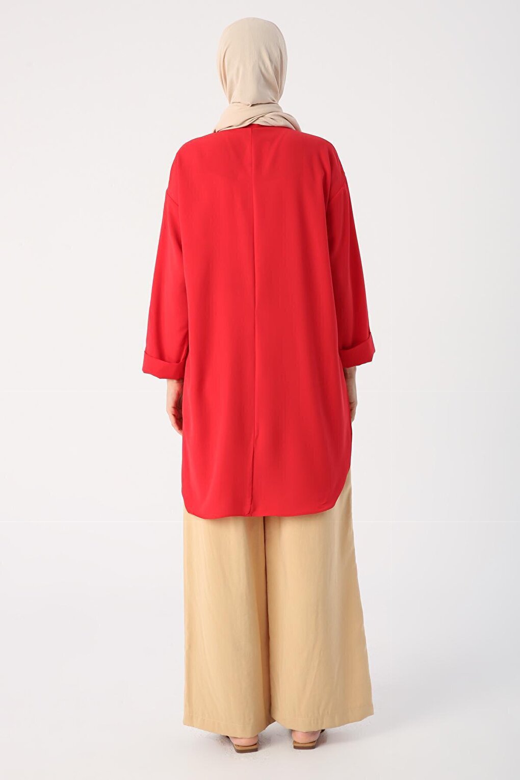 Red Judge Collar Slit Sleeve Folding Detailed Tunic