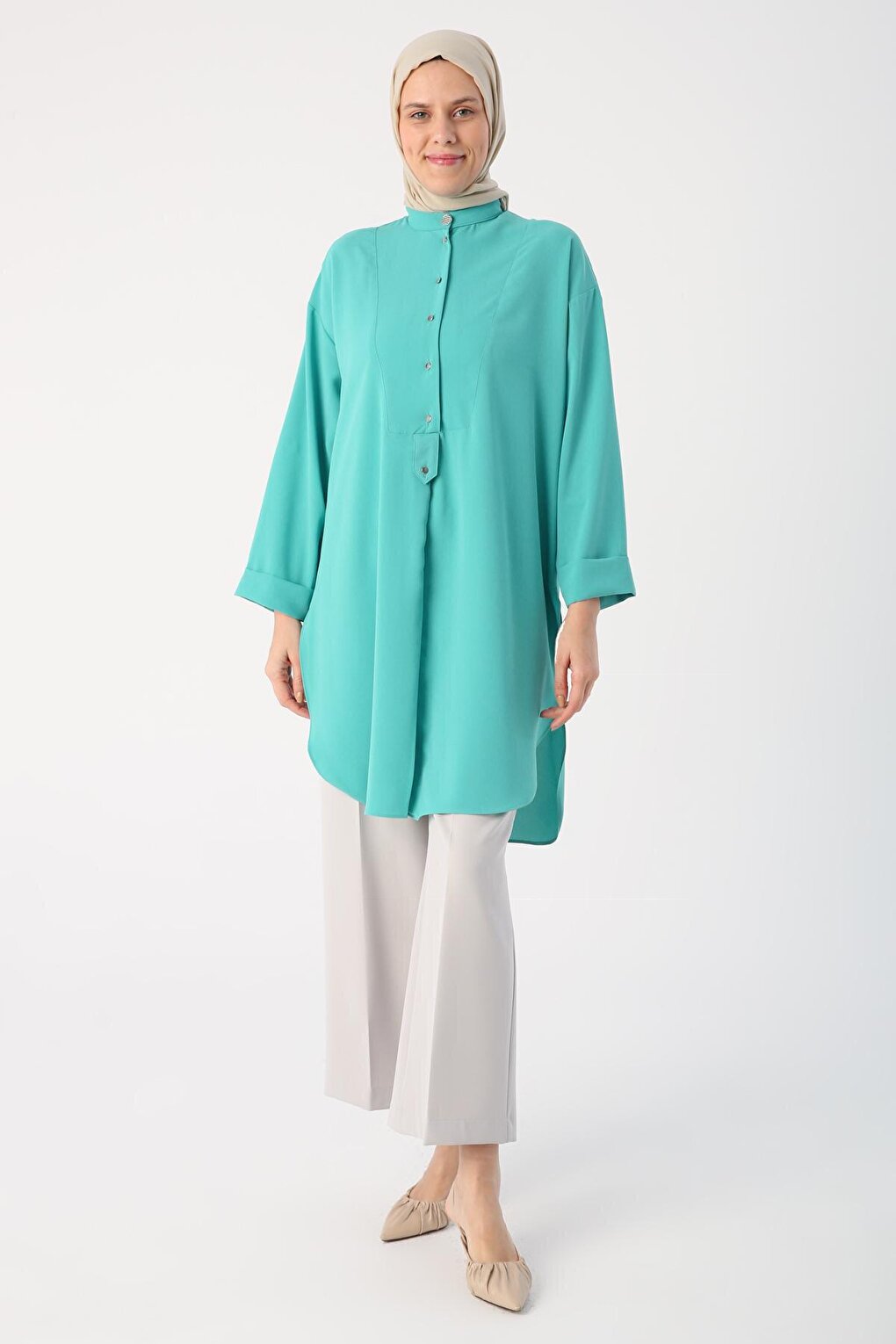 Dark Mint Magnificent Collar Slit Sleeve Folding Detailed Tunic