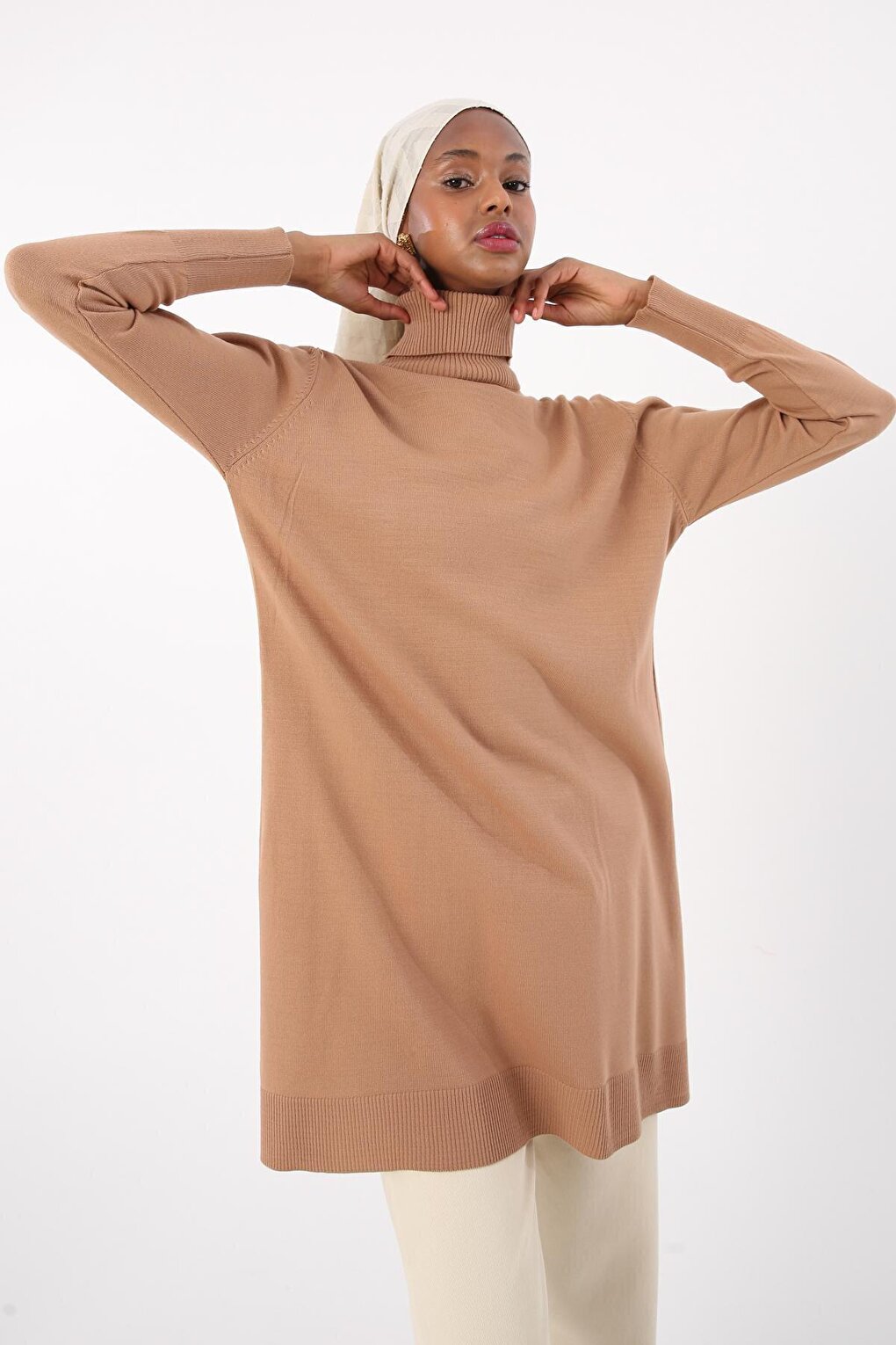 Camel Turtleneck Knitwear Tunic