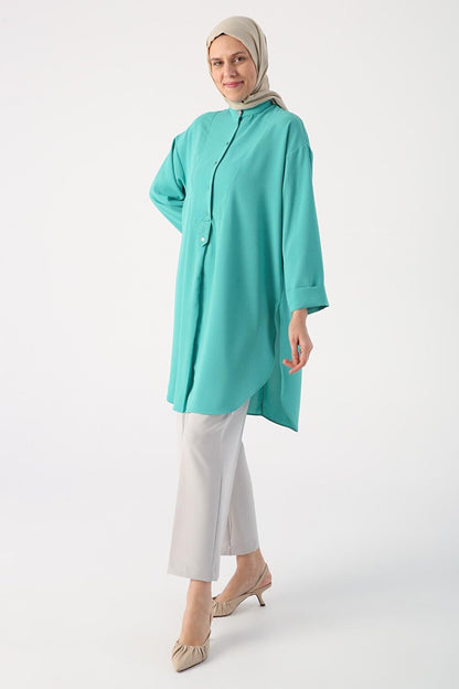 Dark Mint Magnificent Collar Slit Sleeve Folding Detailed Tunic