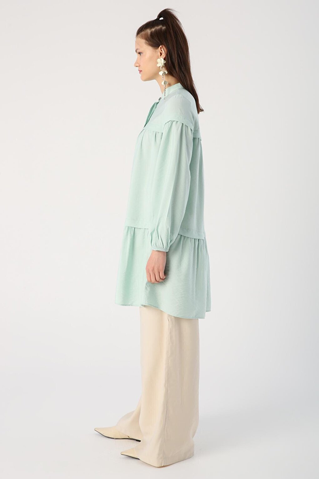 Light Green Skirt and Gathered Viscose Shirt Tunic