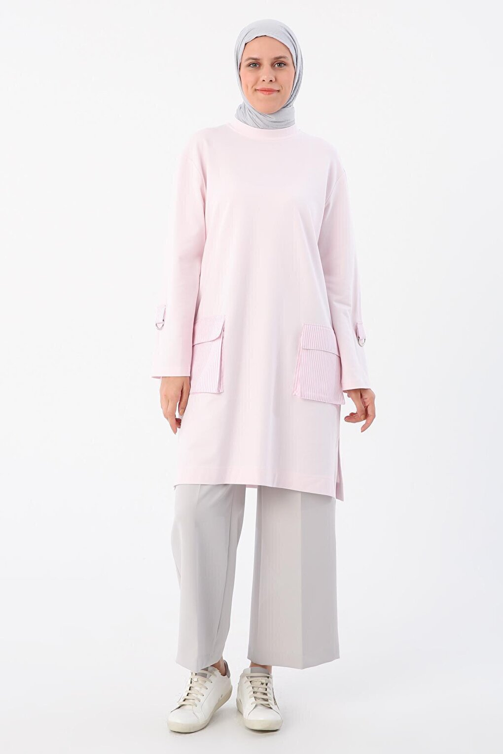 Pink Sleeves Epaulette Striped Pocket Tunic