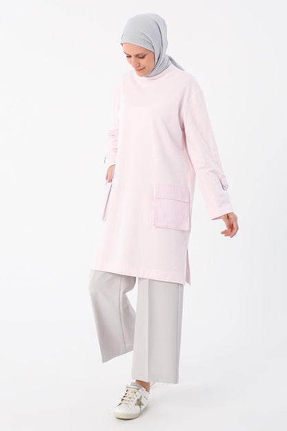 Pink Sleeves Epaulette Striped Pocket Tunic