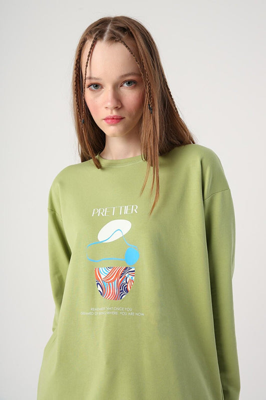 Light Green Cotton Printed Tunic with Contrast Stitching Detail