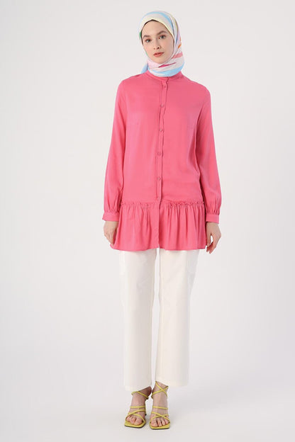 Dark Pink Natural Fabric, Ruffled Skirt, Magnificent Collar Shirt Tunic