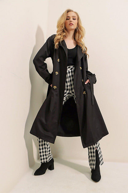 Women's Black Double Breasted Collar Belted Unlined Seasonal Casual Trench Coat HZL22S-BD158531