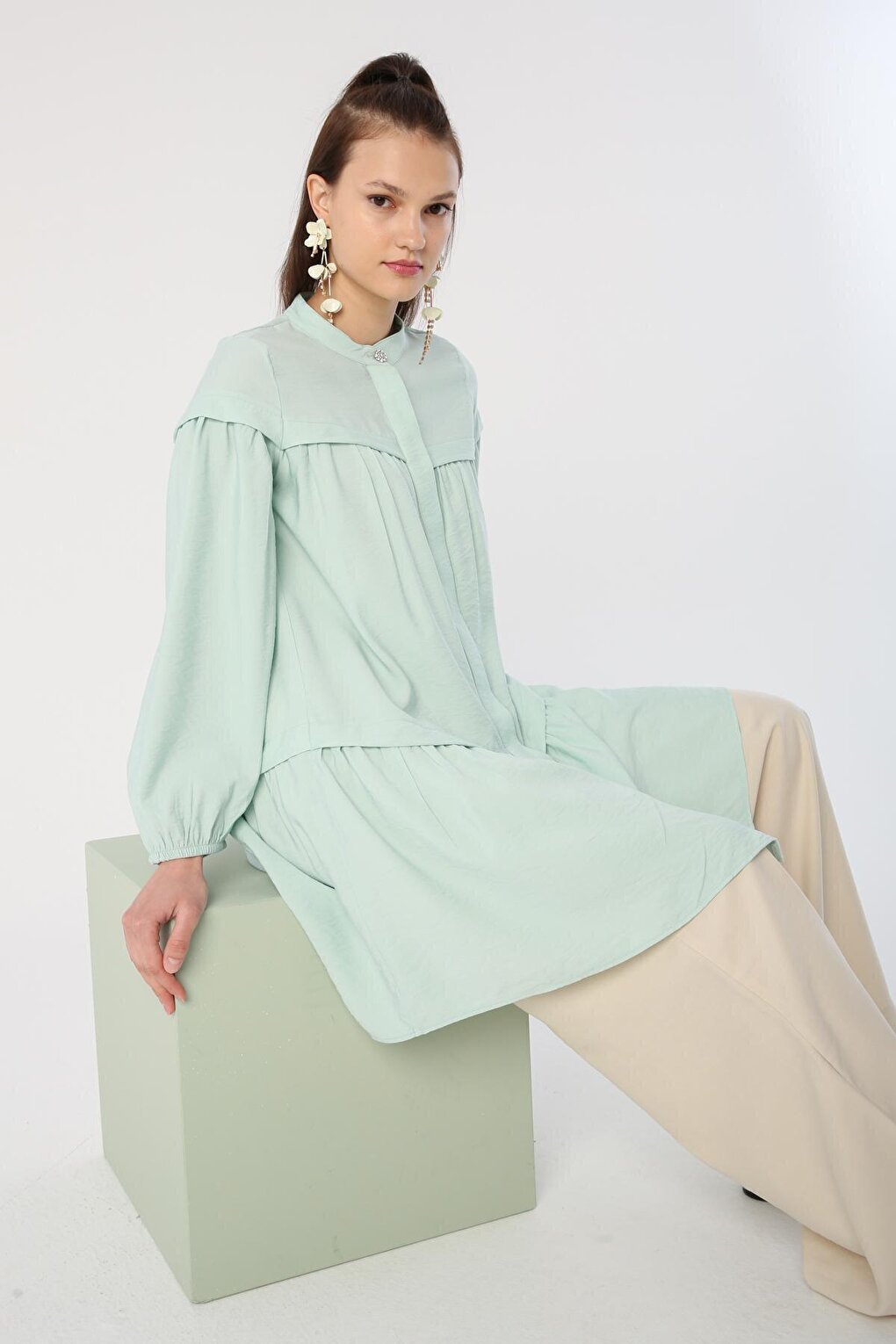 Light Green Skirt and Gathered Viscose Shirt Tunic