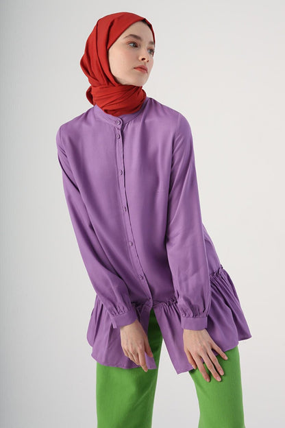 Purple Natural Fabric, Ruffled Skirt, Magnificent Collar Shirt Tunic